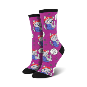 purple crew socks for women with cartoon cats flexing muscles.  
