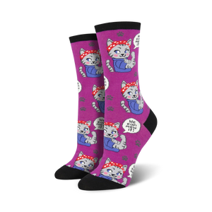 Lifestyle shot showing the purple version of the 'We Can Mew It' socks on a model's feet.