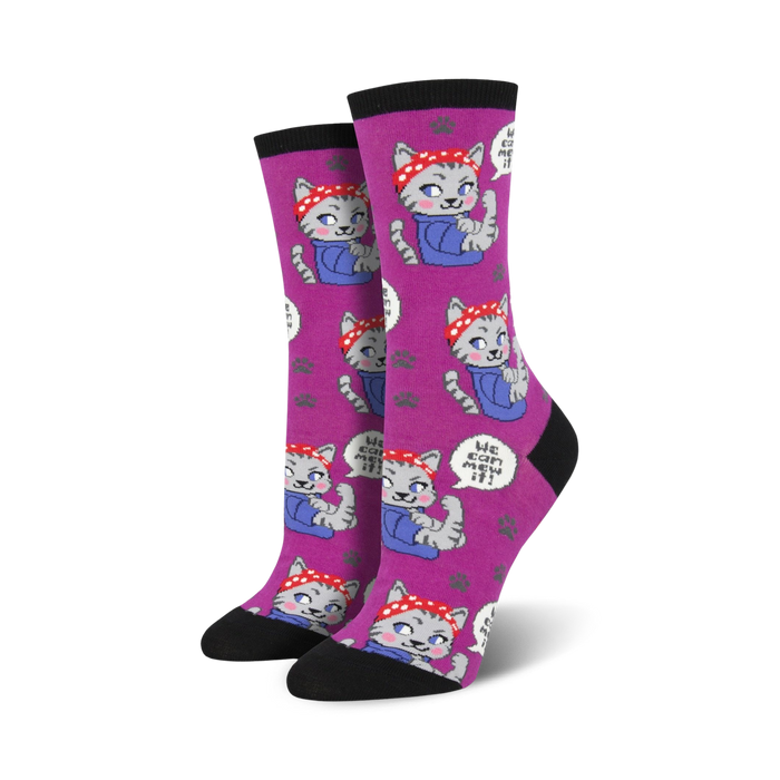 Lifestyle shot showing the purple version of the 'We Can Mew It' socks on a model's feet.