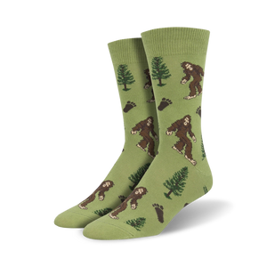 Pair of Bigfoot socks in olive green; same design as black pair, but on a different background color.