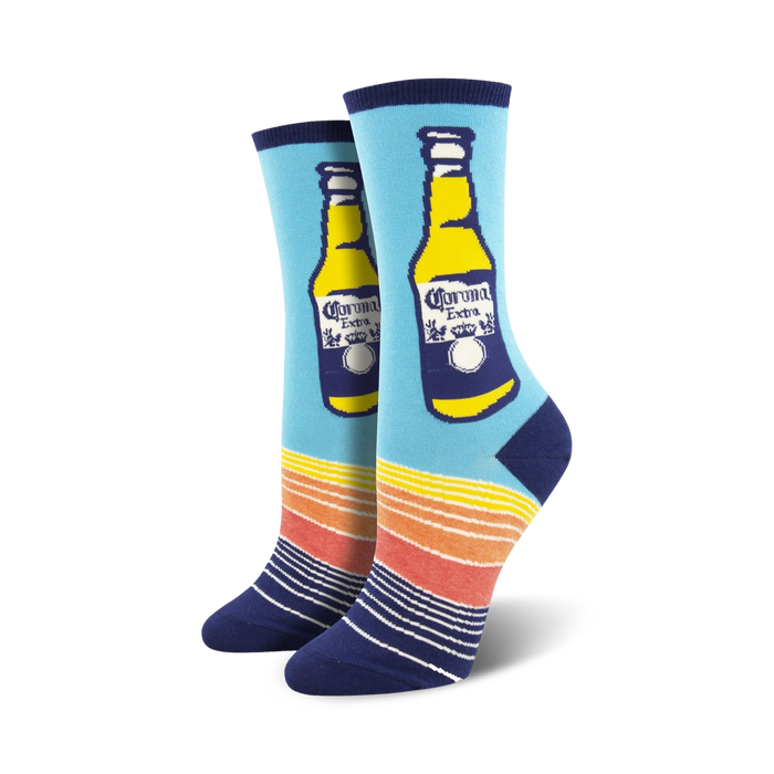 womens crew socks featuring a corona beer bottle pattern with accents of yellow, orange, and red stripes.    }}