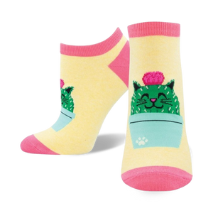 Pair of pastel yellow ankle socks with a cute cartoon cactus cat design. Pink and teal accents.