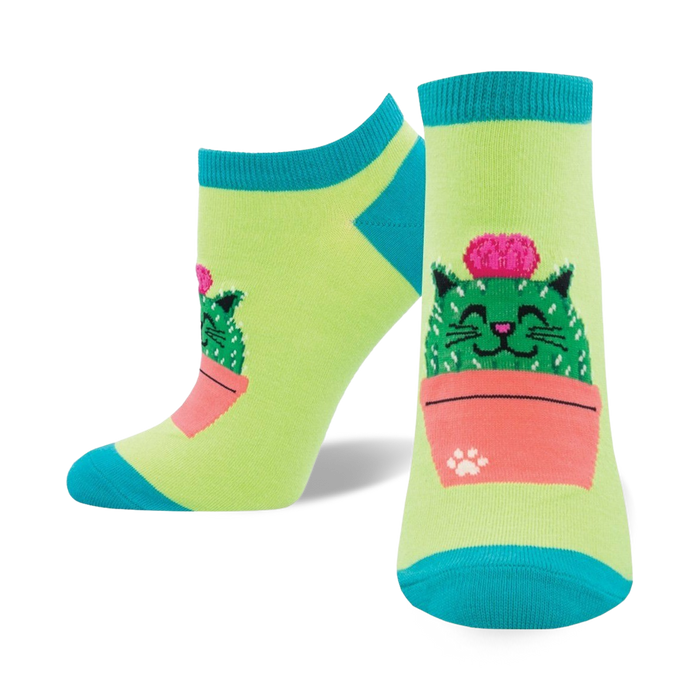 Lifestyle shot of Kitty Cactus socks on a person's feet. Shows the socks' fit and style.
