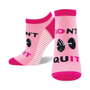 Pair of pink and white ankle socks with 'Don't Quit, Do It' and barbell graphic.