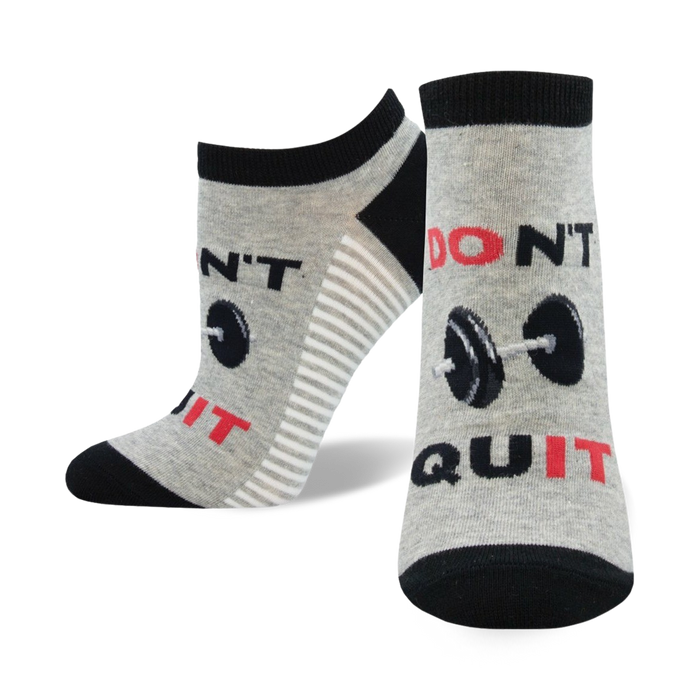ankle workout socks in gray with black toes and heels, a white and red stripe, the words 'don't quit' in black with a red 'i', and a barbell between the words   