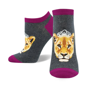 gray ankle socks for women featuring cartoon lionesses wearing beauty pageant crowns.    