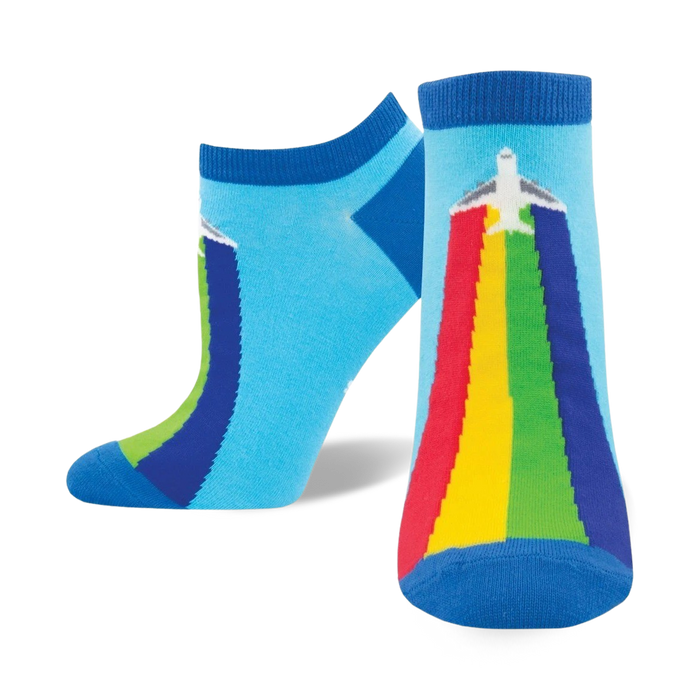 A pair of ankle socks in blue, green, yellow, red, and a touch of white. One sock shows a rainbow with an airplane flying through it. }}