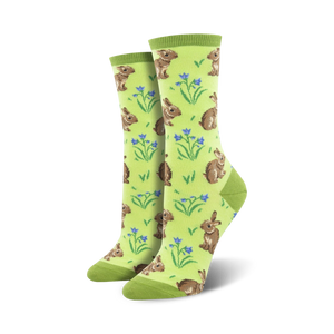 Lifestyle shot showing the lime green Relaxed Rabbit socks on a model's feet.