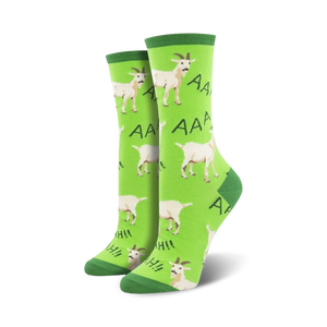 Pair of women's crew socks; lime green background with white screaming goats; 'AAA' and 'AHH!' text.