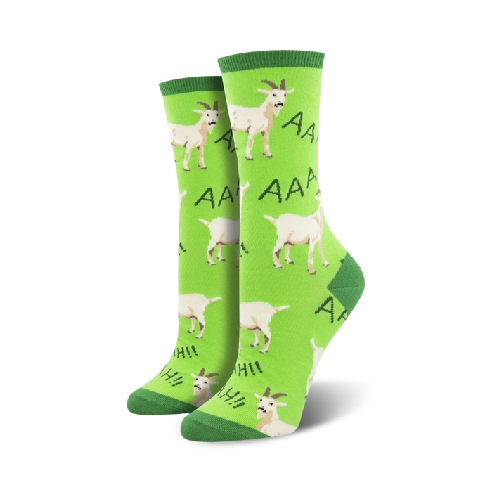 Pair of women's crew socks; lime green background with white screaming goats; 'AAA' and 'AHH!' text.