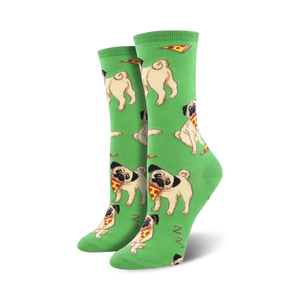 Pair of crew socks featuring light beige pugs enjoying pizza slices on a bright green background.