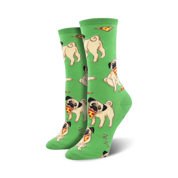 Pair of crew socks featuring light beige pugs enjoying pizza slices on a bright green background.