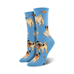 Close-up shot of a pair of blue crew socks with a repeating pattern of pugs eating pizza.