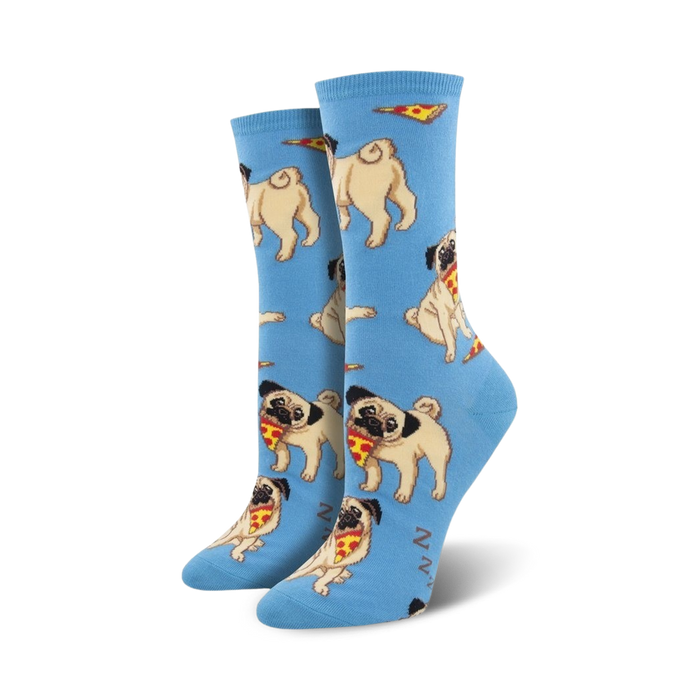 Close-up shot of a pair of blue crew socks with a repeating pattern of pugs eating pizza.