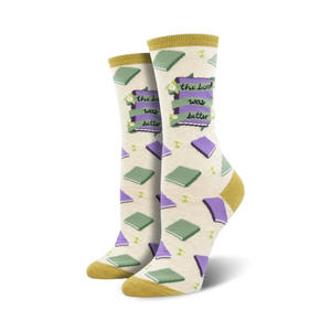 Cream crew socks with purple and green book illustrations and the phrase 'The Book Was Better'.