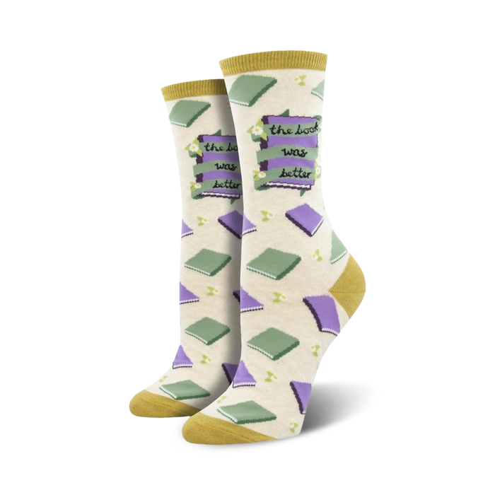 Cream crew socks with purple and green book illustrations and the phrase 'The Book Was Better'.