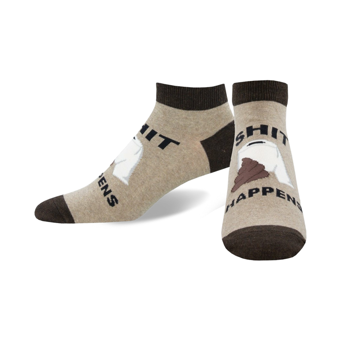 Pair of tan and brown ankle socks.  One sock displays 'Shit' with toilet paper; the other shows 'Happens' with a poop emoji. }}