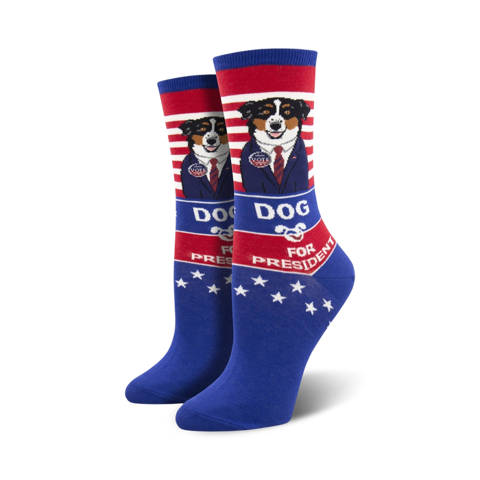  women's blue crew socks with cartoon dog in suit and tie with 