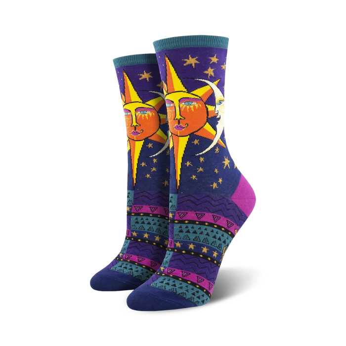crew-length purple sun and moon socks with faces feature laurel burch designs for women.    }}