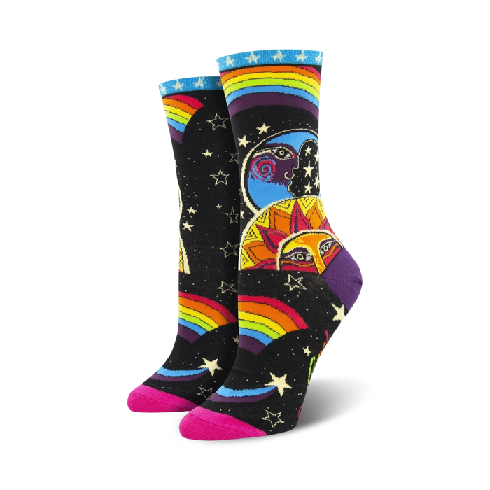 black cosmic crew socks with pink toes feature rainbows, stars, moons, and suns.   }}