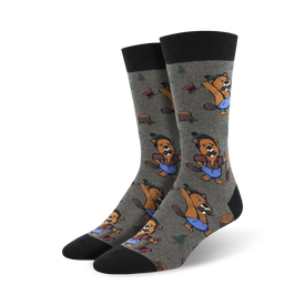 gray crew socks with cartoon beavers in hats and axes, surrounded by trees and logs.  