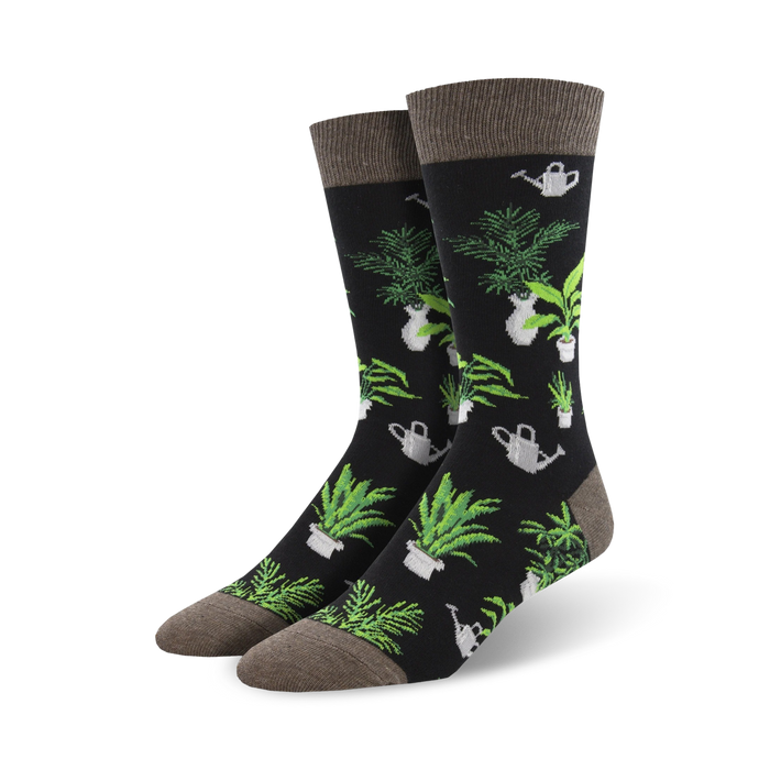 Pair of black crew socks with a design of green potted plants and silver watering cans. Grey cuff detail. }}