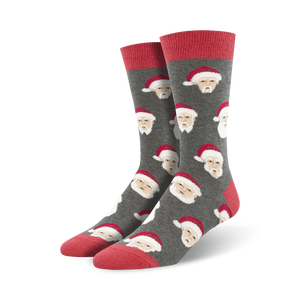 gray santa claus pattern crew socks with red toes and heels for men   