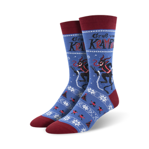 A lifestyle shot showcasing the Krampus socks on a model's feet. The blue colorway is featured.