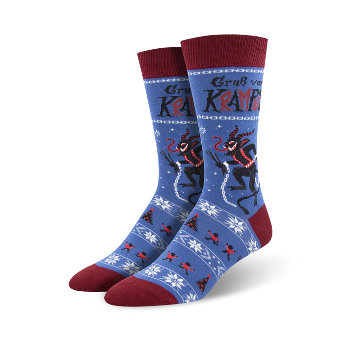 A lifestyle shot showcasing the Krampus socks on a model's feet. The blue colorway is featured.