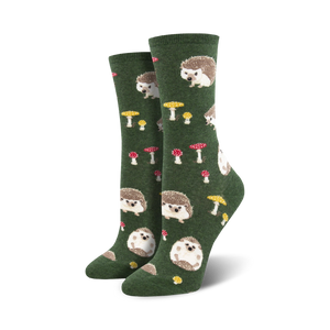 Pair of women's crew socks in green and burgundy.  Feature a whimsical pattern of hedgehogs and mushrooms.