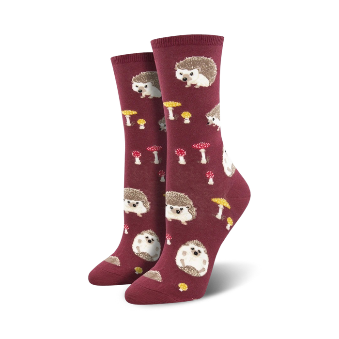 Lifestyle shot showing the burgundy Slow Poke socks on a model's feet.