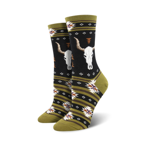 Pair of crew socks in olive green and black, featuring a longhorn skull design and southwestern-inspired patterns.