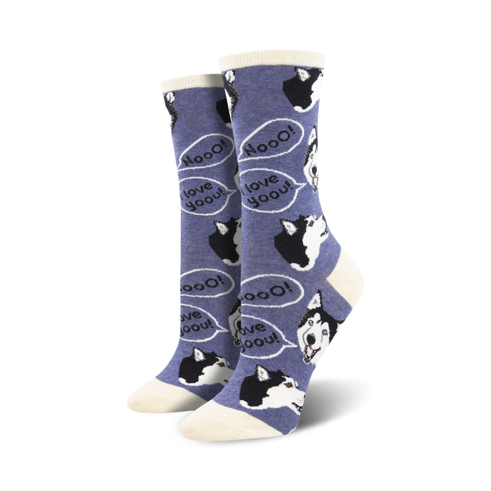 A pair of women's crew socks in purple featuring adorable husky faces and 'I love you' speech bubbles. }}
