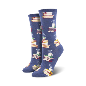 Pair of crew socks in blue and brown, showing stacks of colorful books and steaming mugs.  Literary-themed design.