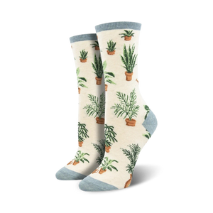 Cream crew socks with a pattern of potted plants in shades of green and brown.  The socks have a light blue cuff.