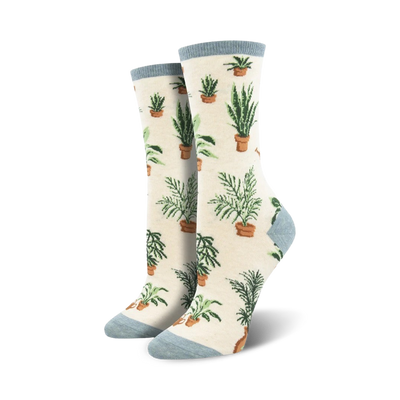 Cream crew socks with a pattern of potted plants in shades of green and brown.  The socks have a light blue cuff.
