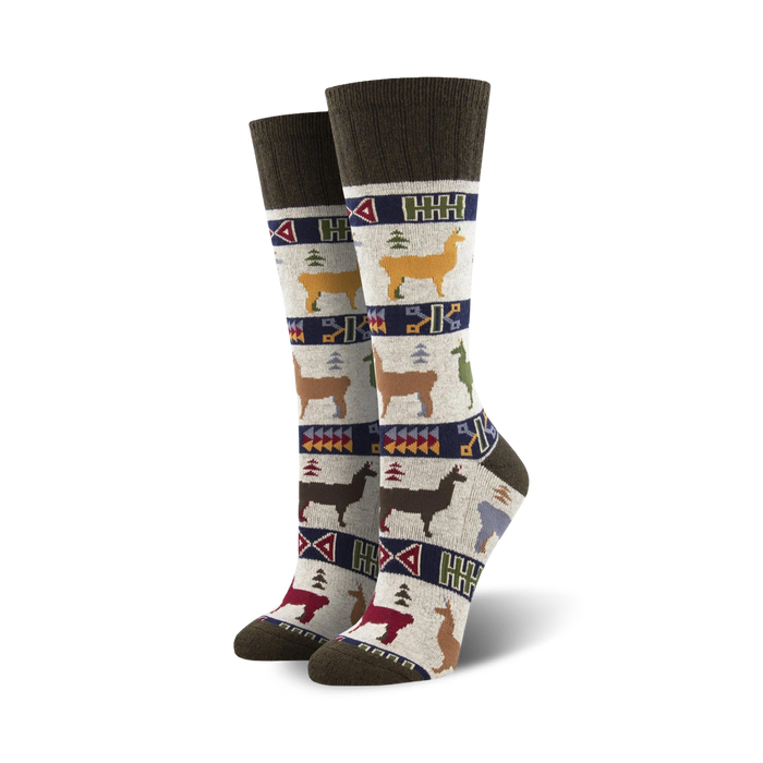white crew llama socks with brown cuff and colorful geometric shapes.  