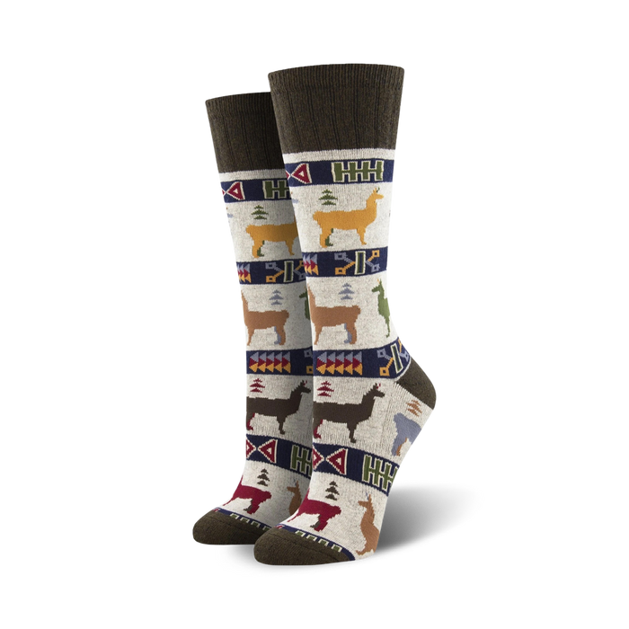 Pair of women's knee-high wool socks in beige, brown, and teal. Features a repeating pattern of llamas and geometric designs. }}