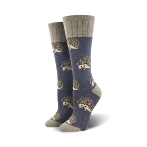 blue hedgehog cotton crew socks for men and women. unisex design.  