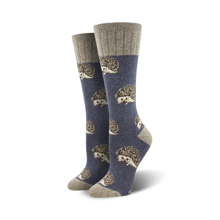 blue hedgehog cotton crew socks for men and women. unisex design.  