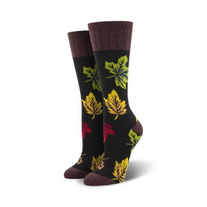 black crew wool socks with colorful maple leaf pattern. fall theme, unisex.  