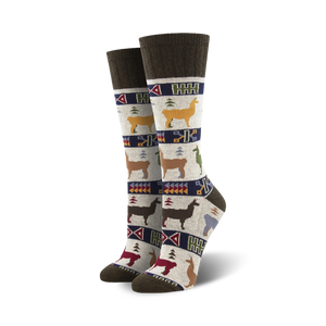 white crew socks feature brown cuffs and llama with geometric design.  