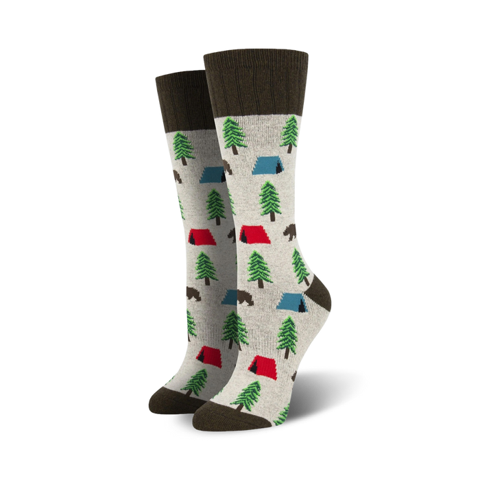 red, blue tents, green pine trees, brown bears on gray background with brown tops. unisex camping wool crew socks.   }}