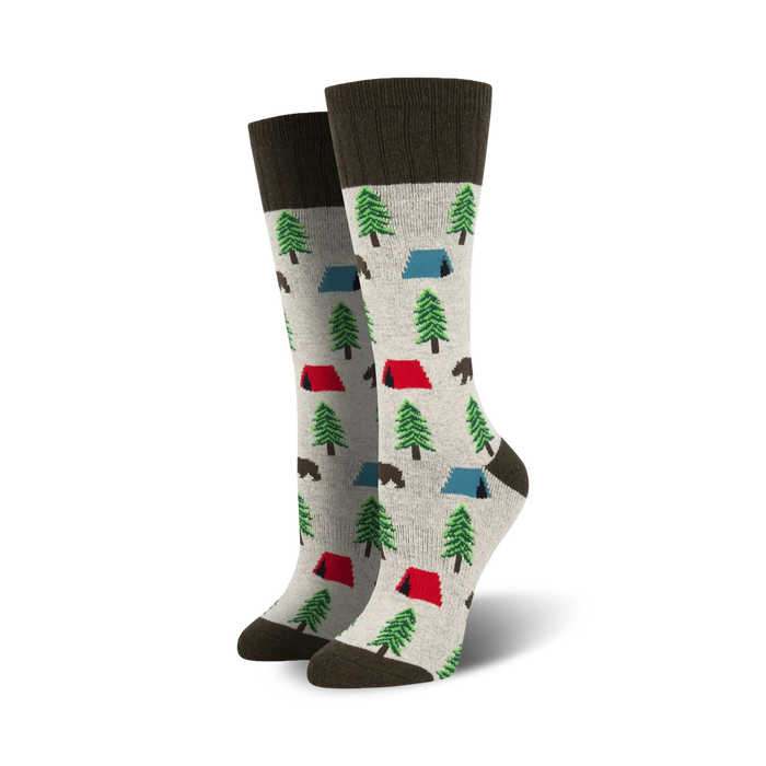 Pair of crew socks with a camping theme. Light grey background with green trees, red and blue tents, and brown bears. Dark brown cuff. }}