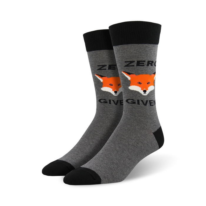  gray crew socks with black toes, heels, and cuffs featuring an orange fox with black eyes and nose. zero fox given xl mens socks.    }}