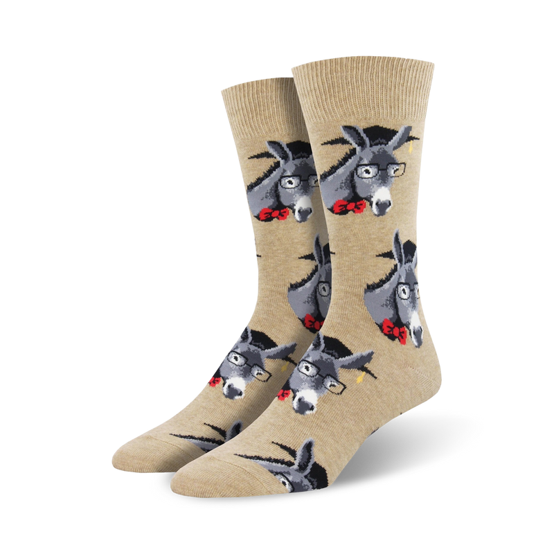 Tan crew socks with a repeating pattern of gray donkeys wearing glasses and red bow ties.