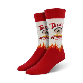 red crew socks with cartoon mexican man in sombrero and flames.  