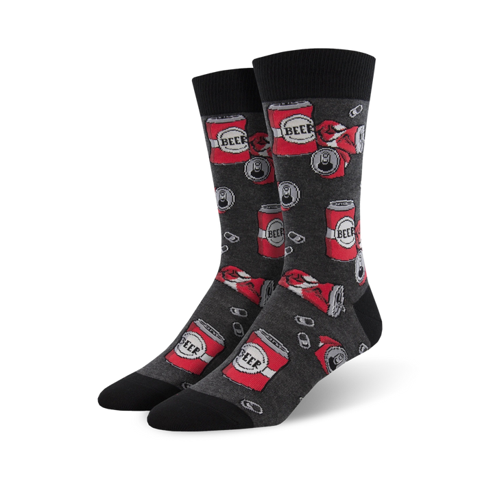 Crew socks in charcoal grey with a pattern of red beer cans and pull tabs. Fun and quirky design. }}