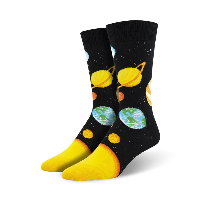 black crew socks for men featuring planets and stars.   }}