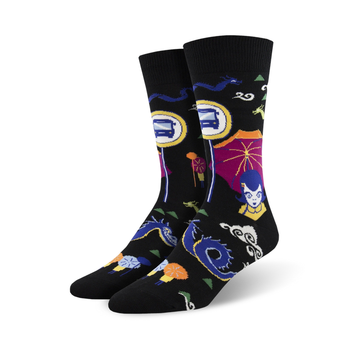 mens crew socks with colorful images of a bus stop, dragon, woman with umbrella, and lantern.    }}